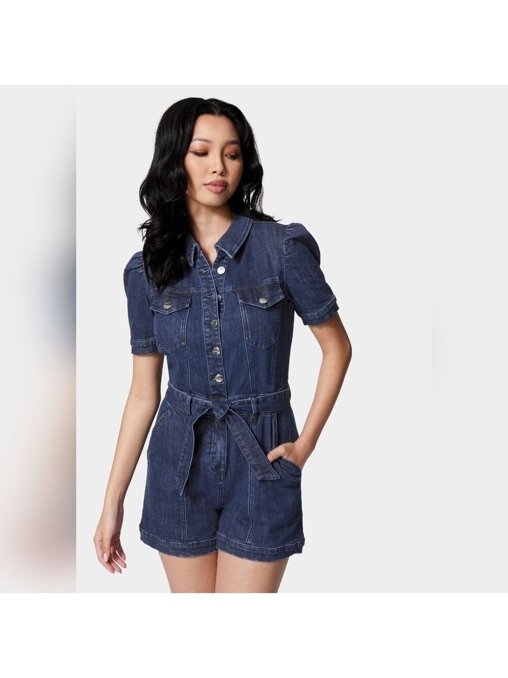 BEBE BUTTON FRONT SHORT SLEEVE DENIM ROMPER